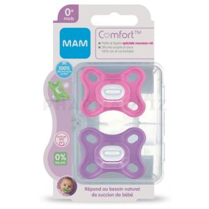 MAM Sucette Comfort silicone et boîte stérilisation Rose 0+ mois